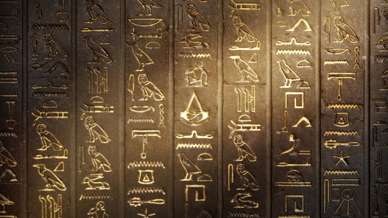 Engraving, 8K, wall, assassins creed, video games, symbols, hieroglyphs, Assassins creed Origins