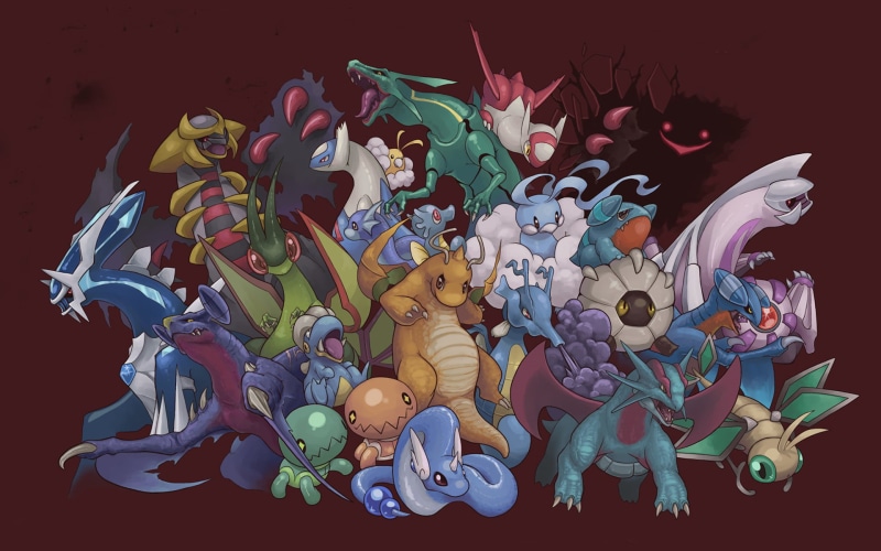 backgrounds, abstract, representation, toy, video games, dragon, illustration, image, Dragonite, abundance, large group of objects, male likeness, mythology