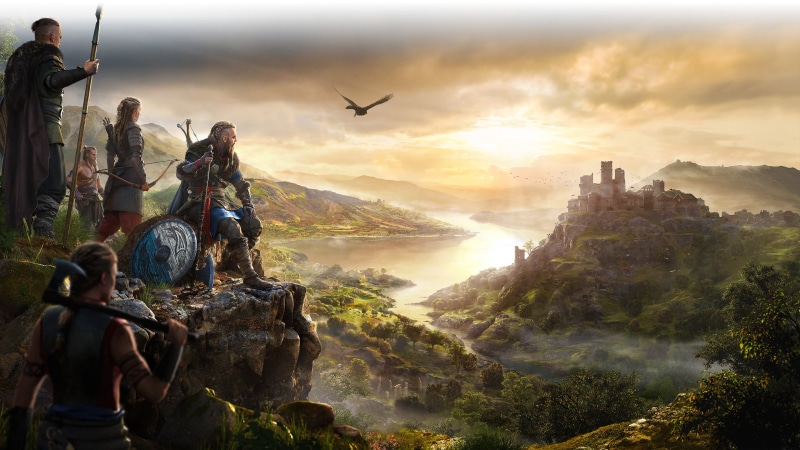 viking, shield, video game art, Assassins Creed: Valhalla, video games, Axe, raven, Assassins Creed, castle, horizon, lake, digital art, 4K