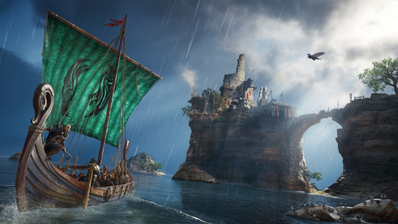 video game art, digital art, viking, raven, boat, video games, Assassins Creed: Valhalla, Axe, 4K