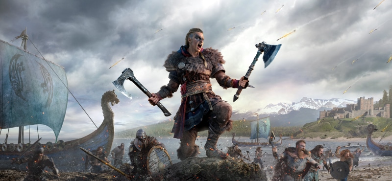 viking, ultra-wide, Axe, shield, ultrawide, 5K, sea, Assassins Creed: Valhalla, digital art, video games, video game art, boat