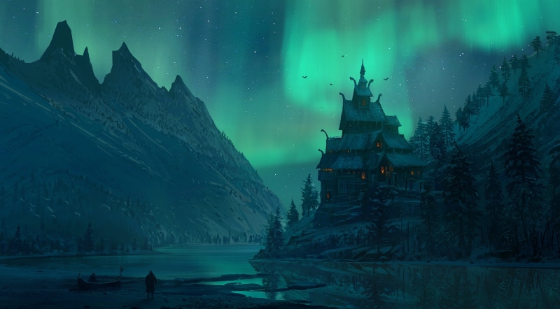 4K, river, Assassins Creed, viking, aurorae, norse, digital art, video games, birds, Assassins Creed: Valhalla, video game art