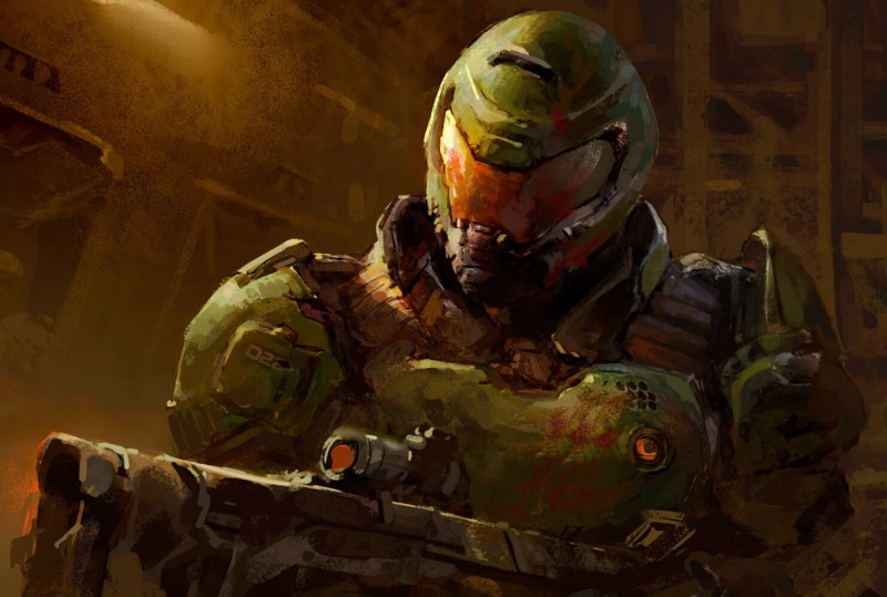 fan art, 720P, Doom (2016), fantasy armor, Doom (game), digital art, first-person shooter, Doom slayer, video game art, fantasy weapon