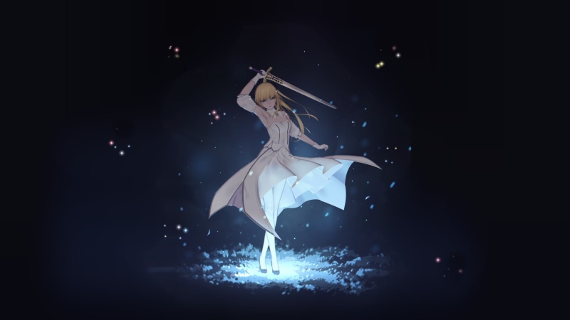 skill, indoors, night, illustration, arts culture and entertainment, Fate Series, blond hair, beauty, performance, sword, adult, Saber, real people, motion