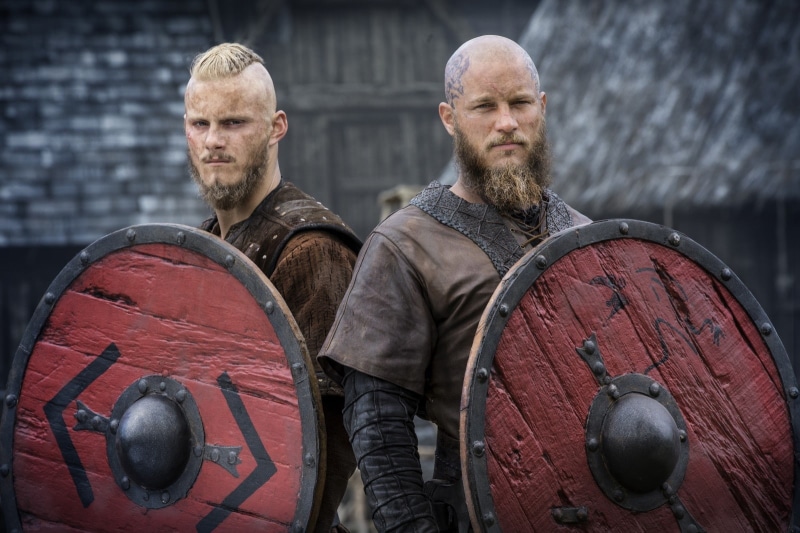 casual clothing, industry, adult, protection, mid adult, vikings, tv series, looking at camera, portrait, mid adult men, wheel, beard, real people, bjorn lothbrok