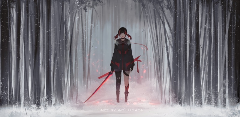 pigtails, snow, weapon, snowing, digital art, looking at viewer, anime, drawing, standing, Aoi Ogata, fantasy girl, fantasy art, short shorts, dyed hair
