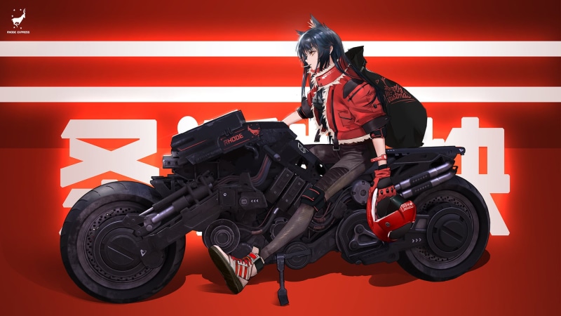 Arknights, animal ears, helmet, video game characters, 1080P, red jackets, motorcycle, anime girls, video games, cigarettes, anime, Texas (Arknights)