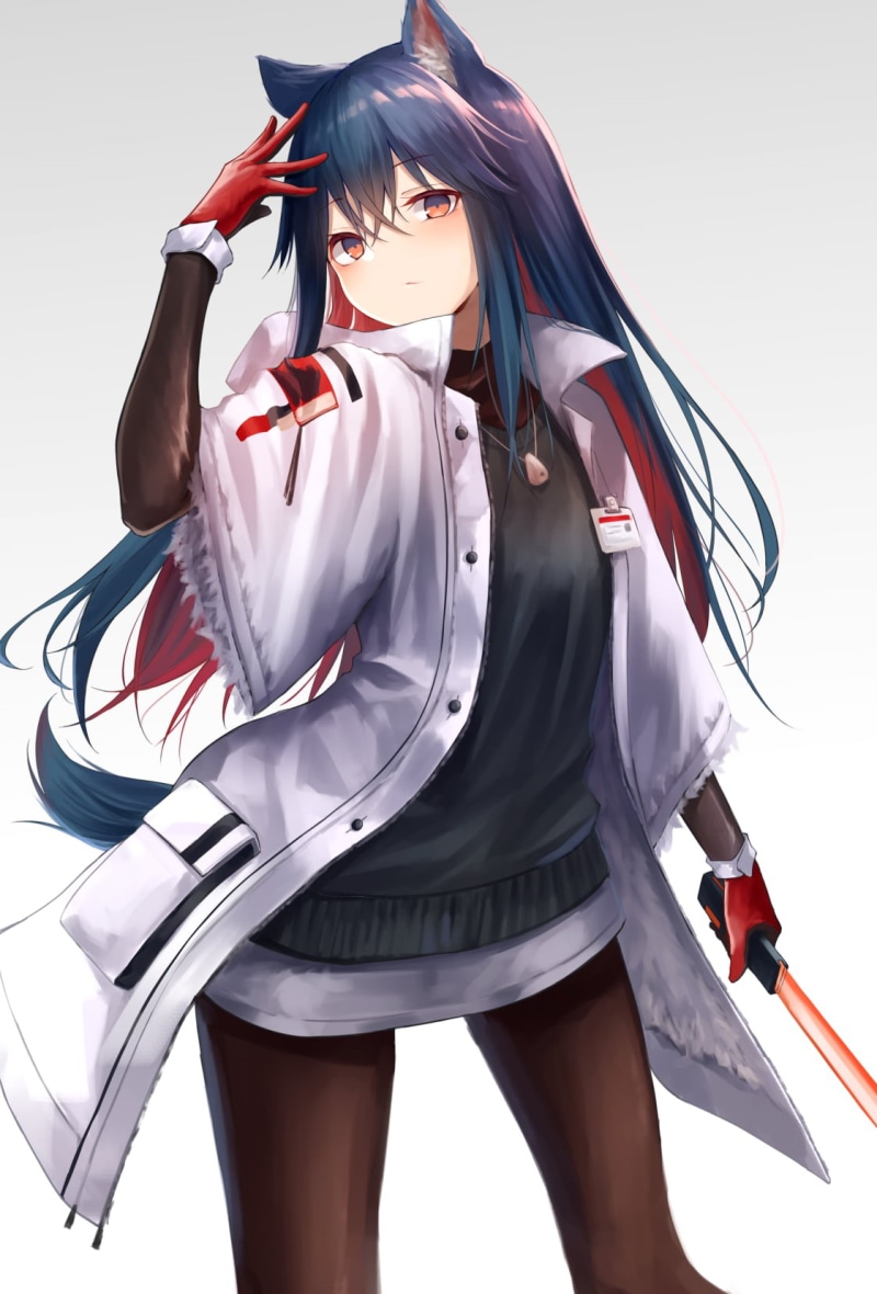 sword, neko ears, Arknights, jacket, long hair, simple background, girls with swords, globes, 720P, green eyes, digital art, anime, vertical, blue hair