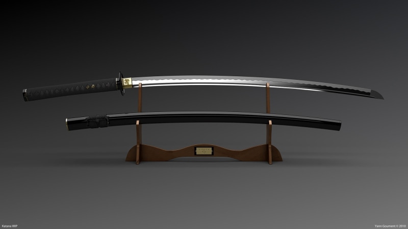 metal, wood - material, close-up, education, studio shot, sword, indoors, 1080P, silver colored, security, gray background, protection, gray, katana, cut out