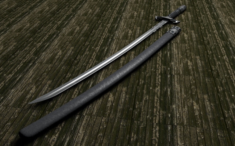 two objects, black, wood grain, no people, nature, equipment, katana, weapon, high angle view, wood - material, day, directly above, 1080P, studio shot