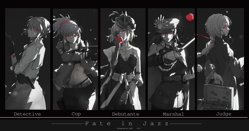 Okita Souji, indoors, retail, creativity, video games, monochrome, apples, female likeness, cigarettes, dancing, red eyes, representation, 2K, mannequin