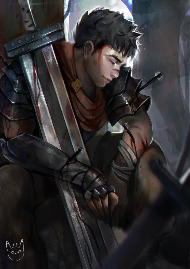 young men, working, concentration, Guts, 2K, gun, holding, character, dark, metal, protective workwear, fantasy art, security, painting, one person, weapon