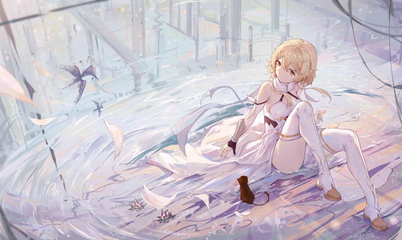 Lumine (Genshin Impact), Genshin Impact, 8K, Yajuu, anime girls, thigh high boots