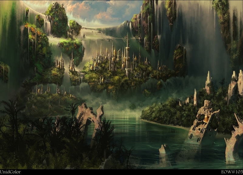 waterfall, CG, outdoors, idyllic, reflection, tranquil scene, tower, no people, ruins, beauty in nature, Atlantis, creature, forest, mythical
