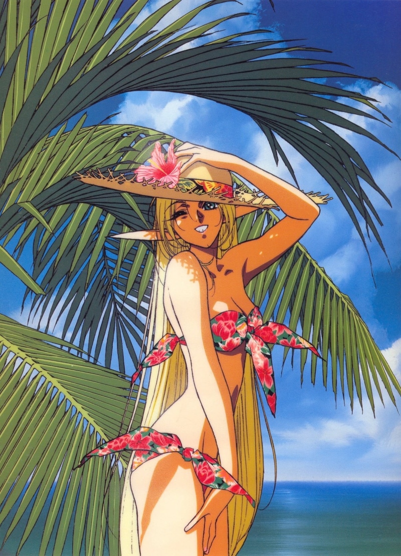 beauty, 720P, beach, beauty in nature, blue, nature, day, multi colored, tree, land, palm leaf, plant, people, anime, Record of Lodoss War, clothing, water