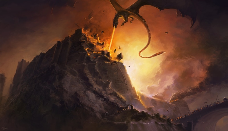 castle, mountain, nature, John Ronald Reuel Tolkien, ., victories, Silmarillion, battle, Grrrod, fire - natural phenomenon, Scathe of Nargothrond, Glaurung