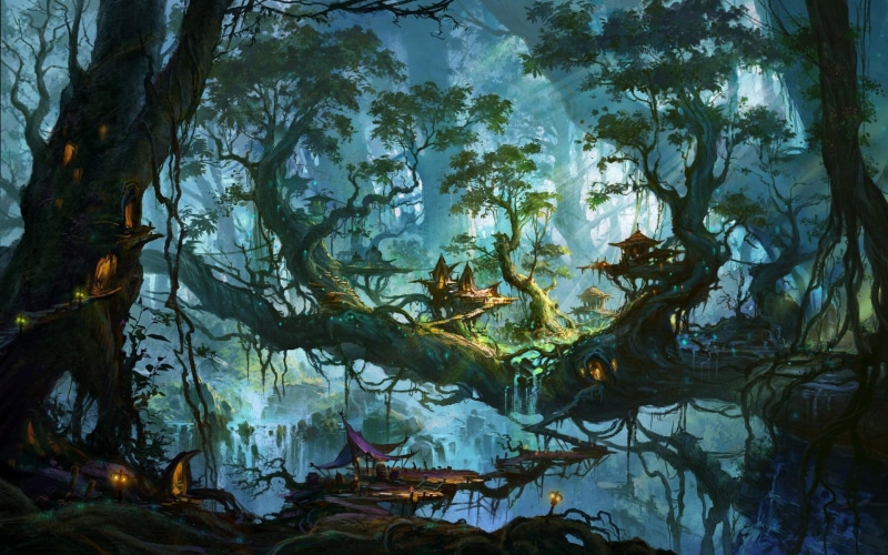 tree, trees, painting, house, village, green, fantasy, forest, 1920x1200, 1080P, enchanted