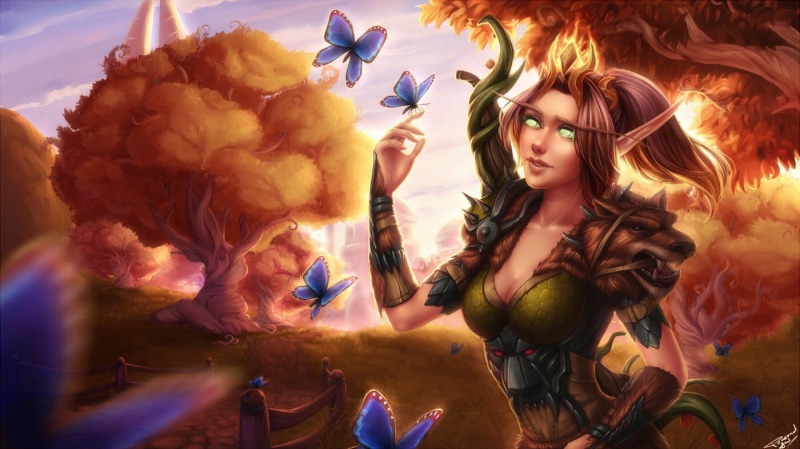 looking at camera, lifestyles, digital composite, forest, front view, blood elves, young adult, artwork, elf,  World of Warcraft, beautiful woman, women
