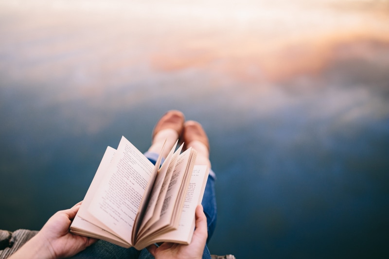 outdoors, evening, relaxation, water, girl reading book, time, resting, females, book, hand, adult, opened book, magic hour, nature, boy reading book, caucasian Ethnicity