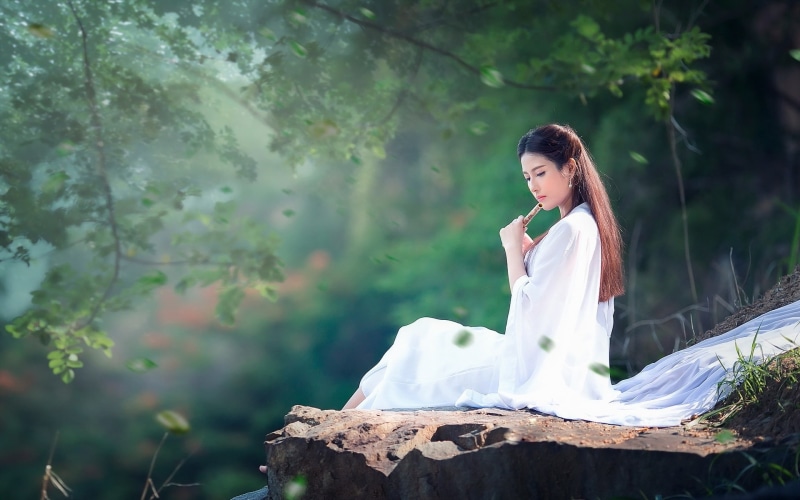 Music, women, White, traditional, Dress, Girl, 1080P, Long, s, Flute, Hair