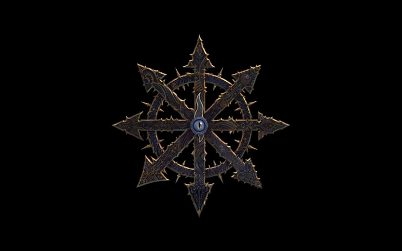steel, Warhammer, Chaos, copy space, dark, night, cold temperature, Warhammer 40,000, studio shot, 1080P, indoors, black background, design, shape, decoration