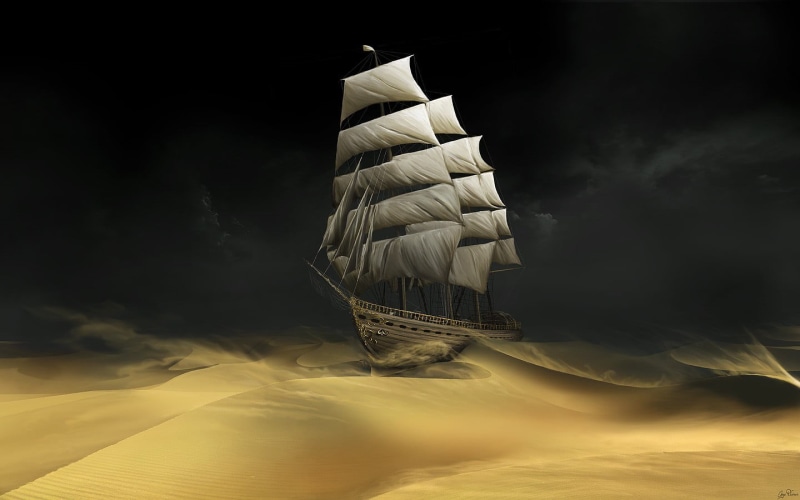 white, dark, illustration, dreamlike, sailing ship, scenics - nature, desert, artwork, nature, beauty in nature, 720P, sand, digital composite, fantasy art