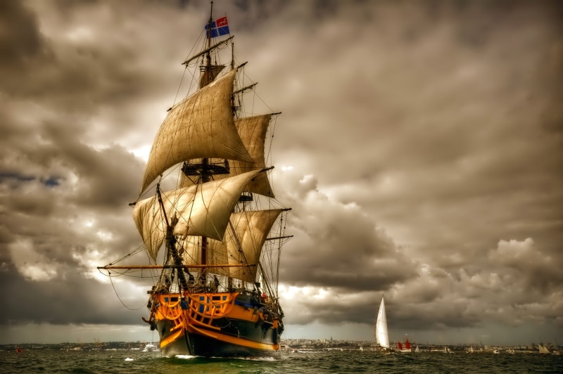 summer, water, coastline, rigging, color Image, obsolete, mode of Transport, travel, military Ship, sunset, nature, dramatic sky, sail, storm