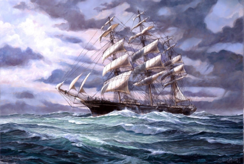 ship, outdoors, waterfront, painting, sailboat, marine, horizon, motion, sky, nature, body, no people, water, sailing ship, wave, sea, white, 720P, horizon over water
