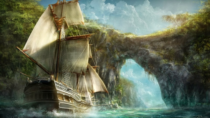 sailing ship, 1080P, water, fog, boat, outdoors, transportation, plant, nautical vessel, fantasy art, architecture, tranquility, ship, tree, brown, scenics - nature