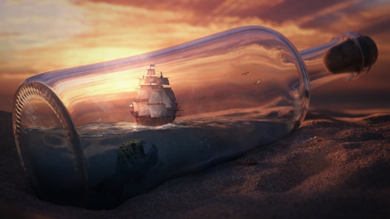 sunlight, ice, no people, ship in a bottle, frozen, cloud - sky, transparent, glass, 1080P, glass - material, ship, outdoors, sun, clear, bottles, sea