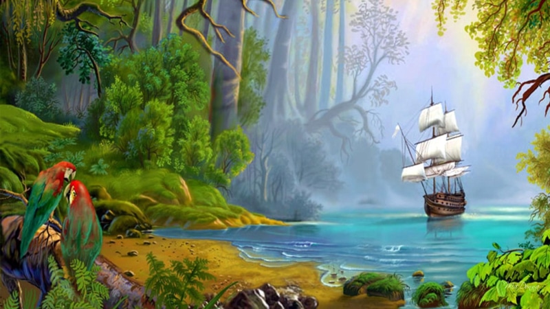 1080P, mystical, sailing ship, sailing, mist, tropics, isl, shop, pirate, illustration, tropical, across, beach, sail, water, galleon, body, parrots, jungle