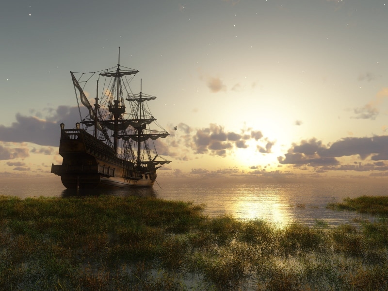 sky, old, sail, cultures, sailing Ship, cloud - Sky, dusk, scenics, scenics - nature, horizon, sea, galleon, sun, transportation, beauty in nature, nautical Vessel