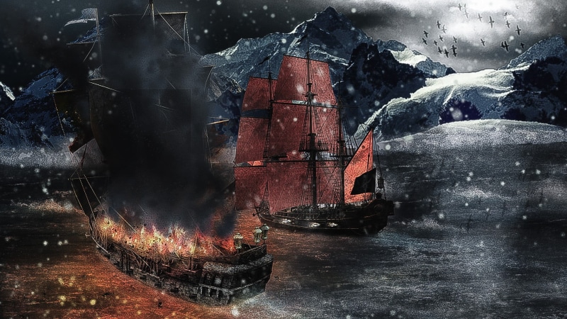 two, snow, water, transportation, sea, flowing water, snowing, 1080P, cold temperature, pirates, scenics - nature, motion, outdoors, waterfront, painting