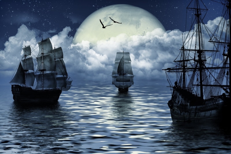sea, birds, render, Moon, clouds, 720P, fantasy art, sailing ship