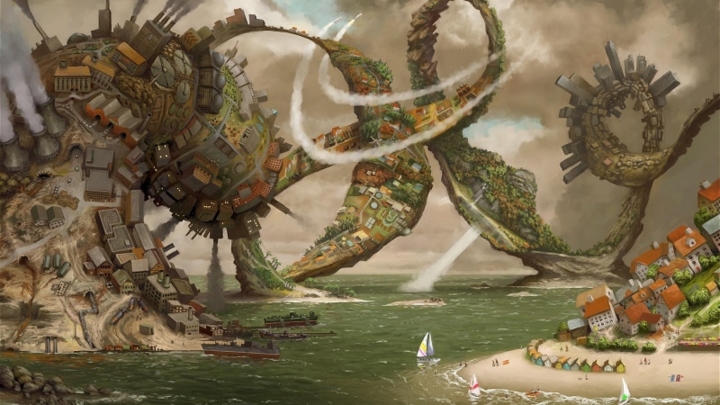 architecture, building, 2K, beach, clouds, rock, tree, robot, creativity, arts culture and entertainment, outdoors, sea, digital art, sky, factories, fantasy art