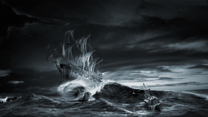 power in nature, nature, ominous, old ship, water, flowing, horizon, ghost ship, motion, gray, horizon over water, cloud - sky, power, sky, 1080P, sail