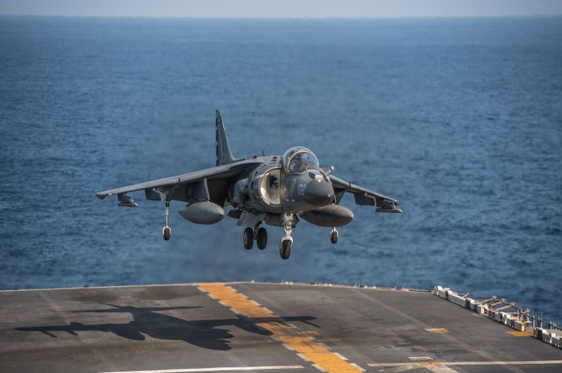 ocean, aircraft, gray, 4K, shipping, warship, horizon over water, landing, military, airplane, carrier, transportation, flying, water, flight, harrier