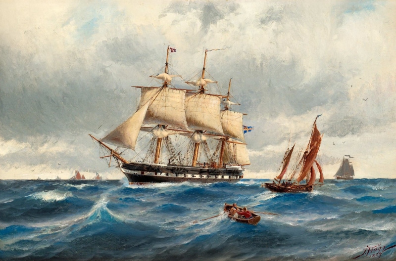 classical art, sailing ship, ship, flot, 4K, sea, artwork, painting