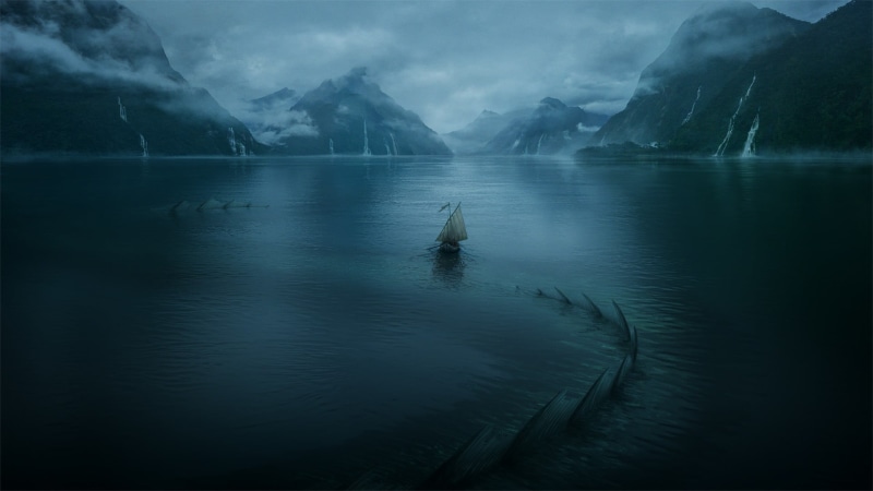 winter, fog, beauty in nature, tranquil scene, boat, sailing, one person, mountain range, landscape, lake, digital art, reflection, water, environment