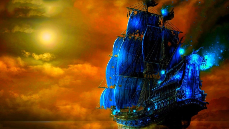 ghost ship, cloud - sky, pirates, multi colored, nightlife, dusk, architecture, sailing ship, glowing, building exterior, 1080P, creativity, fantasy art