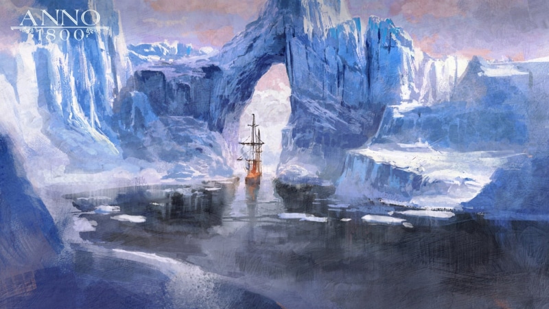 sailing ship, artwork, Ubisoft, 1800s, 1080P, concept art, frigates, digital art, Arctic, Anno 1800, iceberg