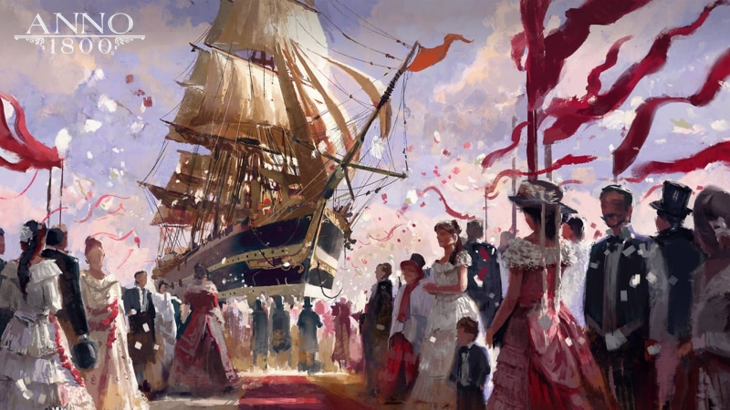 expedition, artwork, crowds, 1800s, Anno 1800, flag, digital art, concept art, 1080P, Ubisoft