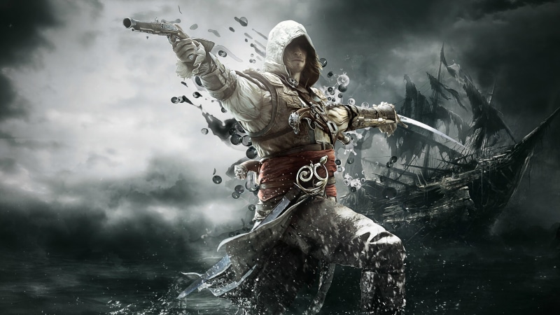 wet, outdoors, sculpture, digital composite, Conner Kenway, flag, screenshot, representation, cloud - sky, application, creed, sky, fog, adult, s, motion
