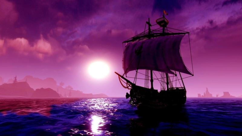 fantasy art, ocean, moon, purple, 1080P, moonlight, purple sky, calm, sky, brig, sailing ship, sailboat, night, sea, sailing, sail ship, ship
