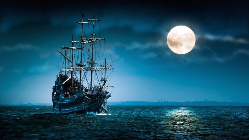 brig, schooner, full moon, ghost ship, moonlight, vintage, twilight, art, ship, moon, 1080P, ocean, night sky, sailing ship, night, sea