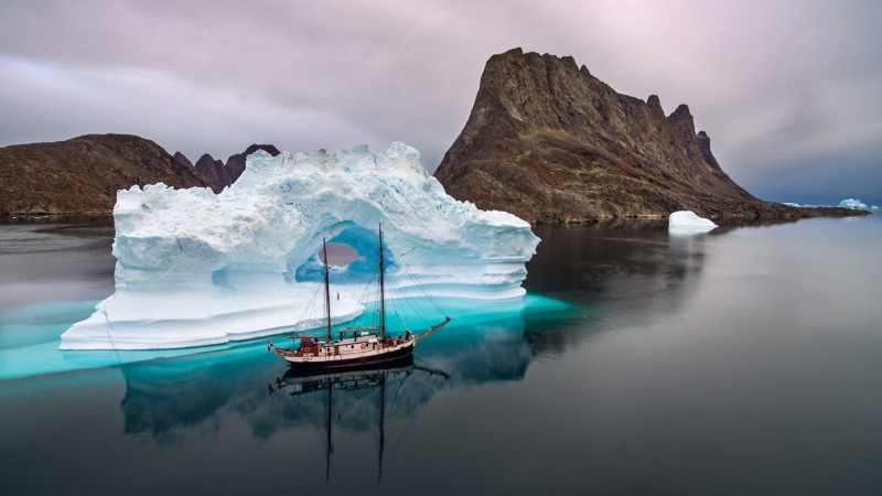 Iceland, mountains, sea, 1080P, snow, landscape, iceberg, winter, calm, clouds, nature, sailing ship, reflection
