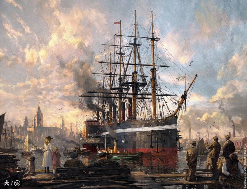 sunset, Ship, mode of transportation, mast, pole, Painting, religion, sailing, Anno 1800, People, water, Video Game, nautical vessel, Boat, nature, sailing ship