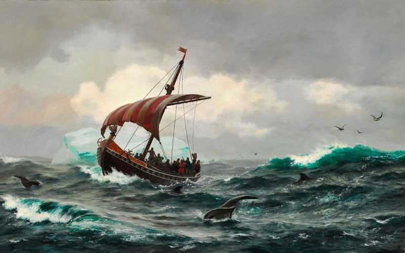 iceberg, 1080P, ship, longships, Vikings, sailing ship, whale, waves, Greenland, sea, artwork