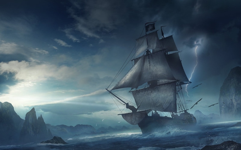 sailing, lightning, travel, dramatic sky, pirate, painting, history, night, transportation, old-fashioned, scenics - nature, snow, old, digital composite