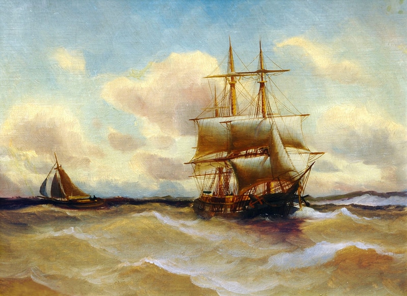 brown, day, the sky, sail, transportation, storm, wave, cloud - sky, picture, history, rigging, nature, outdoors, landscape, sailing ship, sailboat, mode of transportation